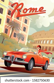 A young girl driving a retro car on the background of Roman houses and the Coliseum. Handmade drawing vector illustration. Retro style poster.