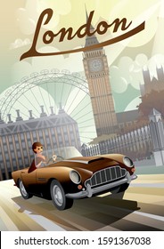 A young girl driving a retro car on the background of english houses and the Big Ben in London. Handmade drawing vector illustration. Retro style poster.