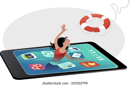 Young girl drowning in a smartphone screen, reaching for a lifebuoy, EPS 8 vector illustration, no transparencies, no mesh