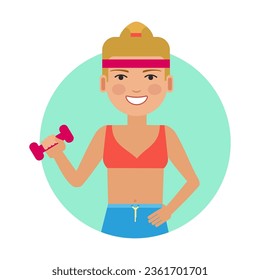 Young girl with dumbbell in hand flat vector circle icon. Happy fitness trainer in sportswear enjoying physical education in gym isolated on white background. Activitiy and profession, sport concept