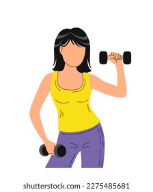 Young girl with dumbbells. Sportswoman and athlete. Active lifestyle, fitness and sports. Character strengthens muscles. Training and workout, exercise. Cartoon flat vector illustration