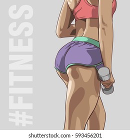 Young Girl With Dumbbells And Taut Buttocks. Vector Illustration