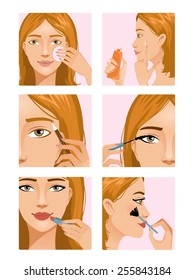 Young girl during makeup ritual. Vector set of images with the same woman during her makeup ritual to ready for party look  