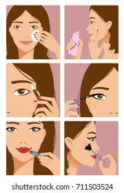 Young girl during makeup ritual, steps of the procedure, vector image