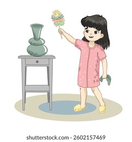 A young girl is dusting a vase on a table, holding a colorful duster. She is performing her household chores with a smile.