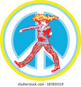 Young girl in a dynamic pose with arm extended stepping forward on a backdrop of a peace sign.