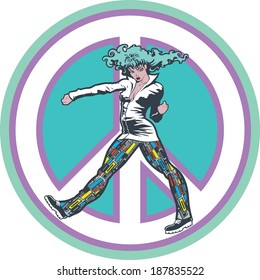 Young girl in a dynamic pose with arm extended stepping forward on a backdrop of a peace sign.