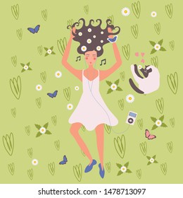 Young girl with earbuds enjoys music and dancing wearing wild flowers in her hair flat vector illustration  