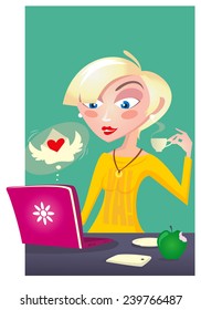 young girl eat Breakfast with your computer