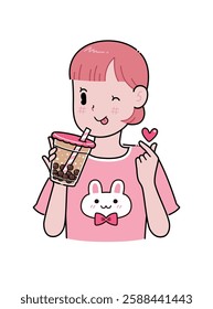 Young Girl Eating Boba Milk Tea With Showing Heart Shape Hand Sign, Kawaii Style