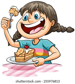 Young girl eating a cake on a white background