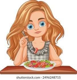 Young girl eating a fresh vegetable salad