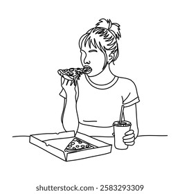 A young girl eating a hot pizza slice, enjoying every bite. Hand-drawn details are an inspiring design for pizzeria packaging.