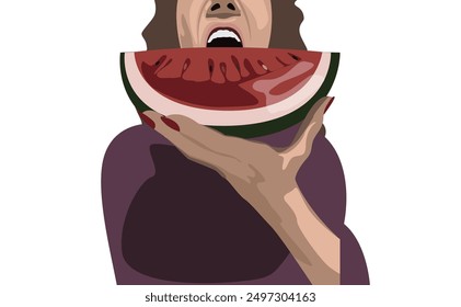 Young girl eating triangle shape watermelon piece