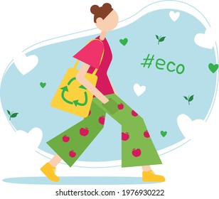 Young Girl With Eco-bag Flat Vector Illustration. Protect Environment Concept Illustration. Use Reusable Bags Vector Illustration.