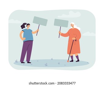 Young girl and elderly woman holding blank placards. Female characters supporting movement or protesting flat vector illustration. Protest, announcement concept for banner or landing web page