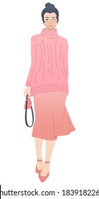 Young girl in elegant, modern fashion outfit. Charming slim lady in pink long sweater and satin skirt. Fashion sketch of woman in modern outfit. Romantic look for autumn or spring 2021