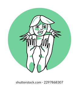 Young girl with emotion of disgust, facial expression with hands. Disgusted teenager with ponytail haircut, expressing her negative revulsion feeling with gestures. Green vector circle icon.