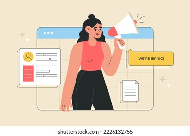 Young girl employer on computer screen shout in loud speaker We are hiring. Recruiting, headhunting, candidate searching online. Hand drawn vector illustration isolated on background, flat style.