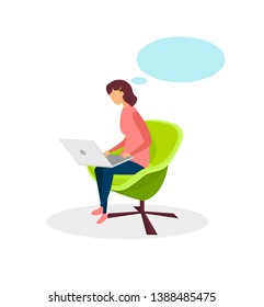 Young Girl with Empty Speech Bubble Flat Character. Freelancer Sitting in Armchair, Working. Student Preparing for Exams in Cafe, Using Laptop. Internet Courses, Online Education, Remote Job, Chatting