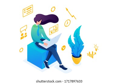 Young girl is engaged in business planning on a laptop. The concept of planning. 3D isometric. Concept for web design