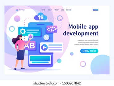 Young girl is engaged in the creation of a mobile application, working on the phone screen. Flat 2D character. Landing page concepts and web design