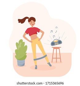 A young girl is engaged in fitness at home to the music. The concept of stay home. Vector cartoon illustration
