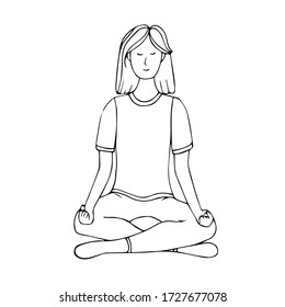 A young girl is engaged in Hatha yoga. Lotus position. Relaxation.Gymnastics, healthy lifestyle. Doodle style. Black and white vector illustration. Hand drawn, isolated on a white background.