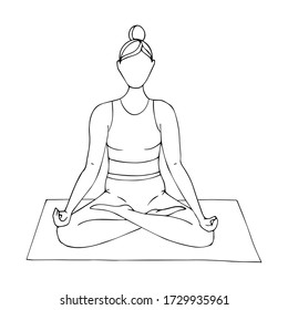 A young girl is engaged in Hatha yoga. Sitting in the Lotus position.Gymnastics, sports,healthy lifestyle. Doodle style. Black and white vector illustration. Hand drawn, isolated on a white background