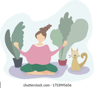 A young girl is engaged in meditation in an apartment. Together with her, a cat is engaged in a dispute. Home workout, healthy lifestyle. Vector illustration