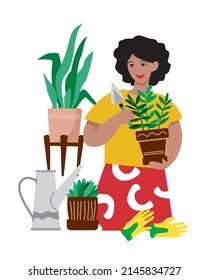 Young girl is engaged in transplanting indoor plants isolated on white. Banner concept is about caring, watering, and growing flowers. Women's hobby. Seasonal gardening. Cartoon vector illustration