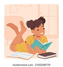 Young Girl Engrossed In Book. Little Child Character Reclining On The Floor. Her Rapt Expression And Relaxed Pose Capture The Joy Of Reading And Imaginative Escape. Cartoon People Vector Illustration