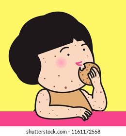 Young Girl Enjoy Eating Chocolate Chip Cookie Or Biscuit Till Her Face And Body Being Like Them. Concept Of Chocolate Mania Or Sweettooth Person Card Character illustration