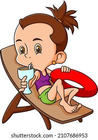 The young girl is enjoy the juice and laying on the chair of illustration