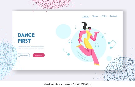 Young Girl Enjoying Dancing on Disco Party. Excited Female Dancer Character Happily Spend Time Alone. Leisure, Dance Classes Website Landing Page, Web Page. Cartoon Flat Vector Illustration, Banner