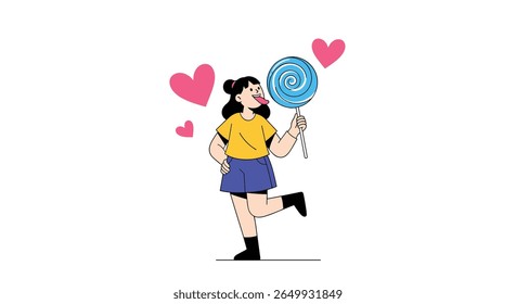 Jovem menina desfrutando de um delicioso pirulito azul espiral cercado por corações