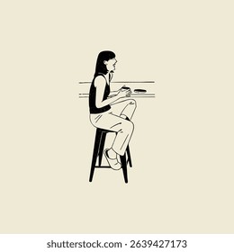 Young girl enjoying and drinking a coffee while sitting at a coffee shop, vector illustration