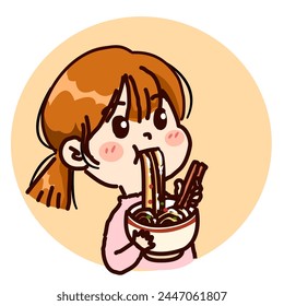 Young Girl Enjoying a Hearty Bowl of Noodles - Cartoon vector Illustration