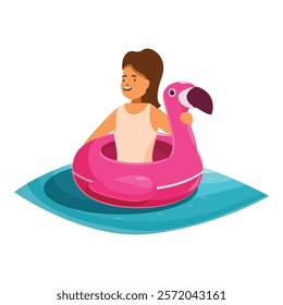 Young girl enjoying her summer day, floating on a pink flamingo inflatable in a refreshing swimming pool