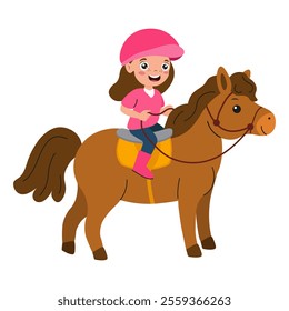 Young girl enjoying a horseback ride in a bright pink cap with a smiling pony