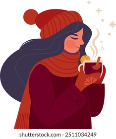 Muchacha joven que disfruta de la bebida caliente en la temporada de invierno. Vino caliente picante, té caliente o café. Ilustración vectorial plana aislada