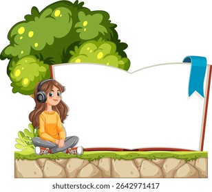 Young girl enjoying music beside large open book under tree