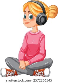 Young girl enjoying music with large headphones