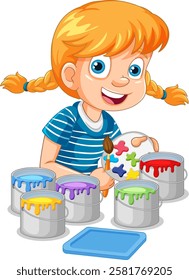 Young girl enjoying painting with various colors