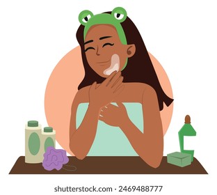 Young girl enjoying a spa day at home, skin care and self esteem, vector illustration