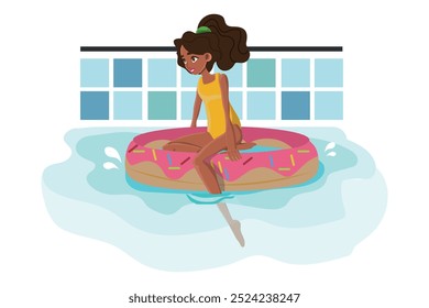 young girl enjoying a summer day at the pool. vector illustration.