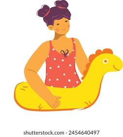 Young girl enjoying summer fun sitting float shaped dinosaur. Smiling child playful, ready pool swimming. Kid cartoon character, summer vacation activity, isolated white background