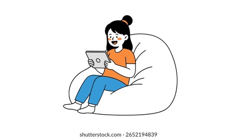 Young Girl Enjoying Tablet While Relaxing on Comfortable Beanbag Chair Happy and Engaged