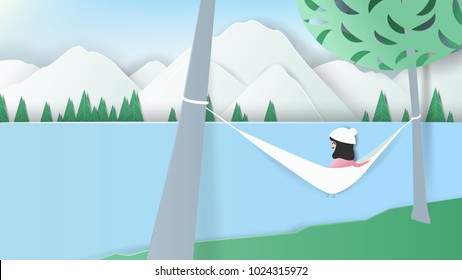 Young girl enjoying tree camping surrounded by lake and mountains, paper art/paper cutting style