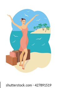 a young girl enjoys the beginning of the vacation on the beach 